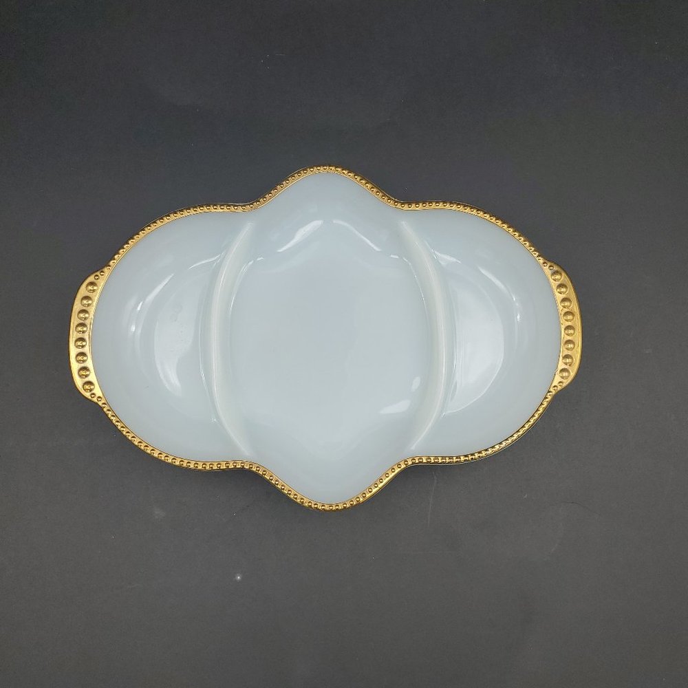 MCM Fire King Oven Milk Glass w Gold Trim Three Section Dishes